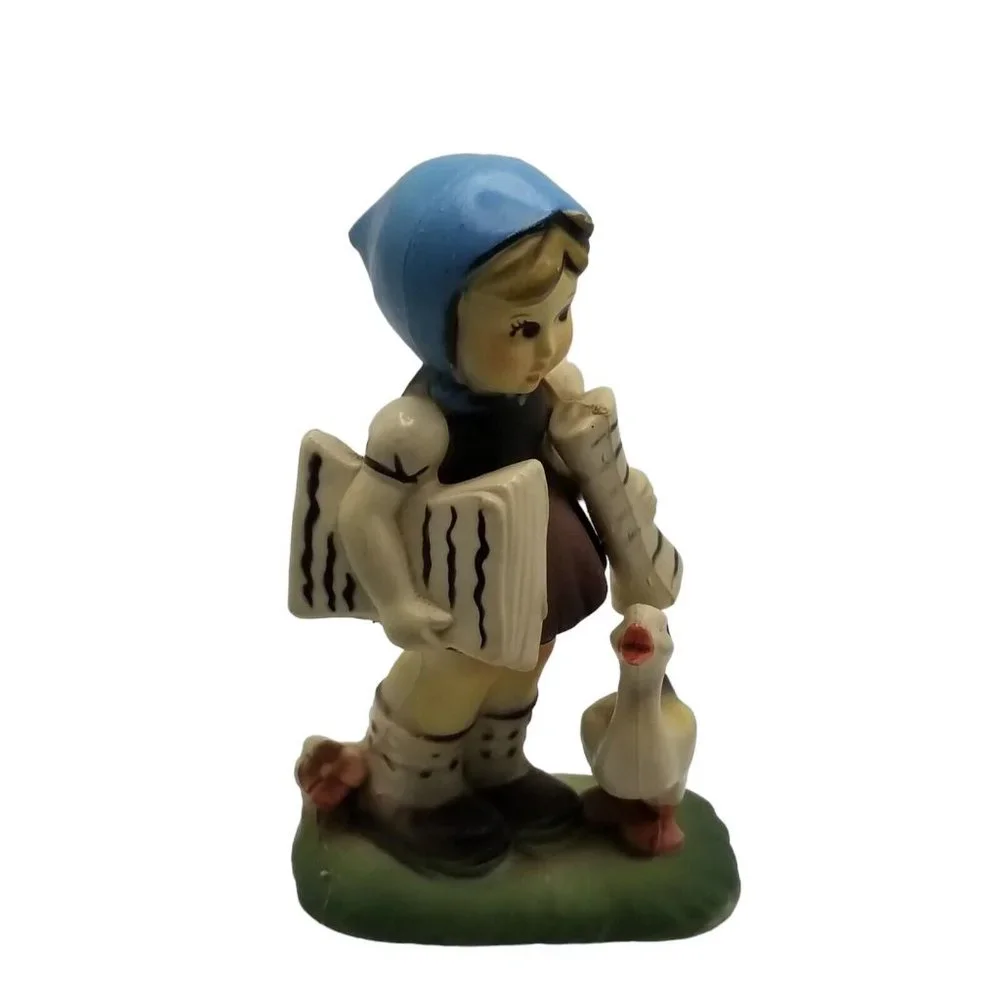 Vintage Plastic Figurine Girl with Duck Figure Made in Hong Kong Blue Scarf